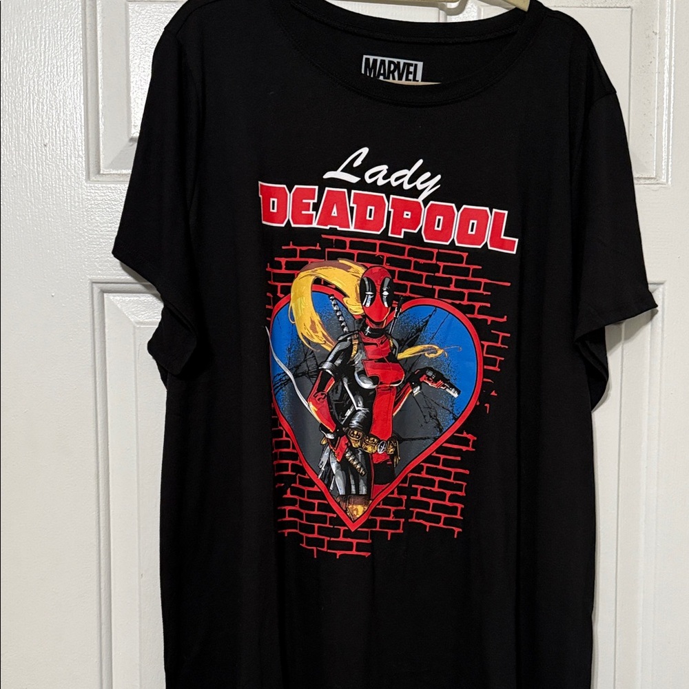 Marvel Lady Deadpool Black Tee with Red and Blue Design